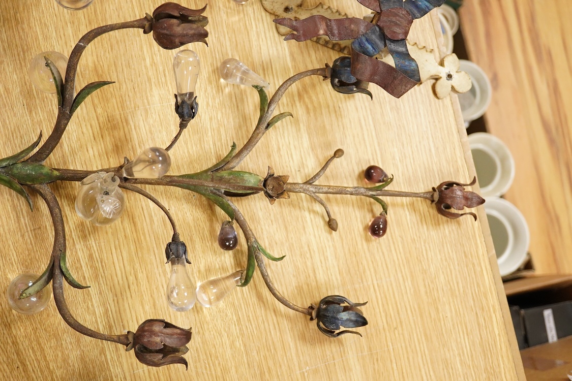 A pair of Continental toleware wall sconces with glass drops in the form of apples and buds, 60cm high